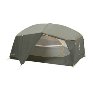 Visuel technique de la tente NEMO Aurora Ridge 2P sur fond blanc, présentant plusieurs vues du produit avec ses caractéristiques principales numérotées. La tente deux personnes met en avant ses parois verticales spacieuses, ses deux portes avec vestibules, ses arceaux en aluminium, ses poches de rangement, ses évents protégés, son footprint recyclé inclus et son sac de transport Divvy Cube.